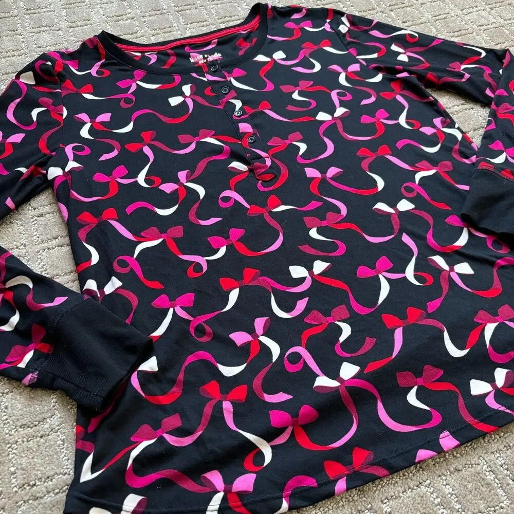 Kate Spade Henley Ribbon Bow Pajama Top Long Sleeve Sz Medium Black Pink *Flaw*